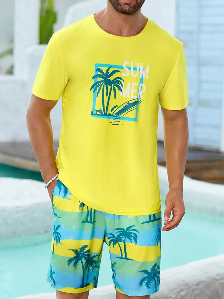Men's Hawaiian Beach Print Short Sleeve T-Shirt & Shorts Set – Lightweight Sportswear