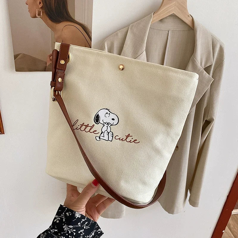 Snoopy Canvas Bucket Bag – Cute Letter Print Crossbody Shoulder Bag for Women