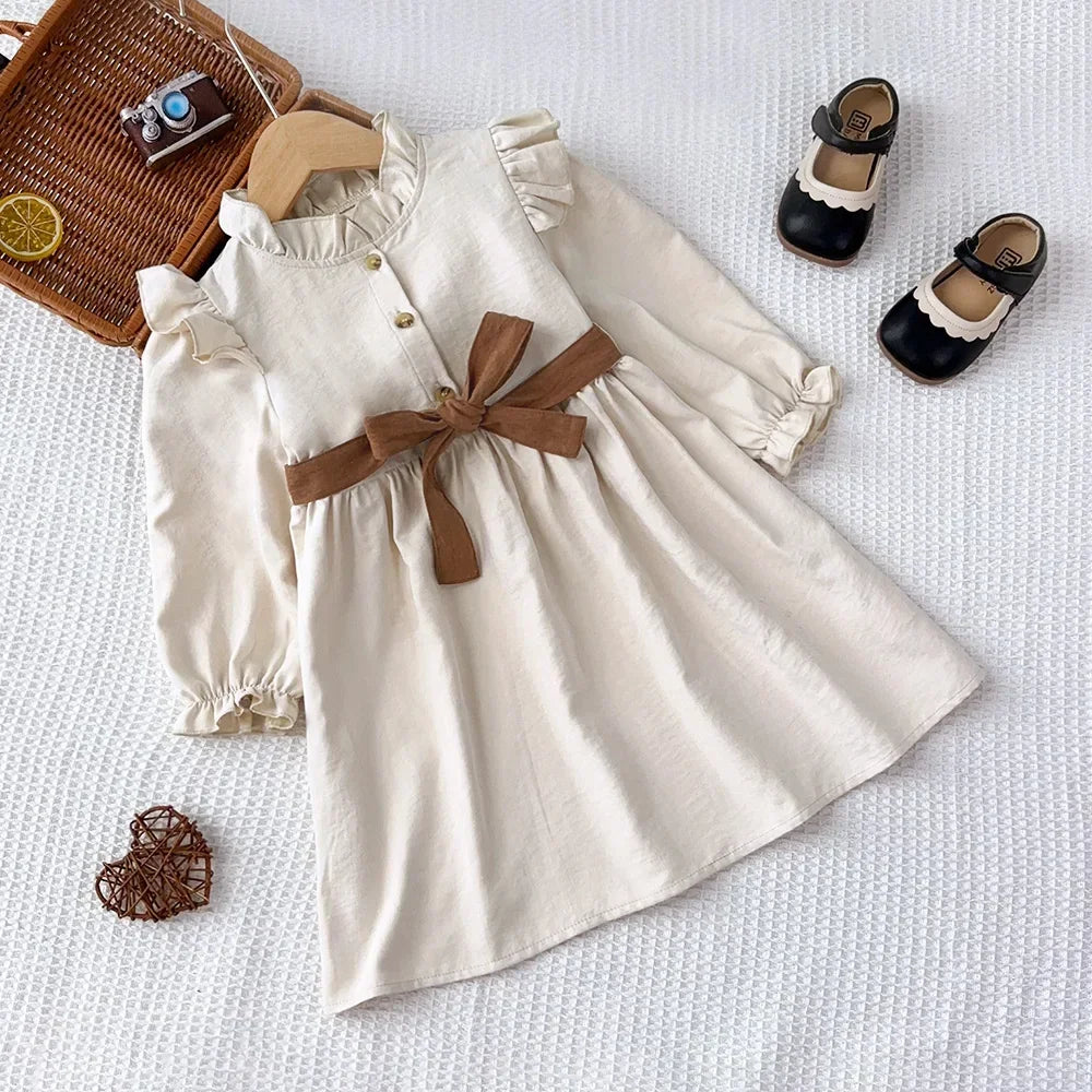 Girls Long Sleeve Stand Collar Dress — Solid Color Casual Dress (3–7 Years)