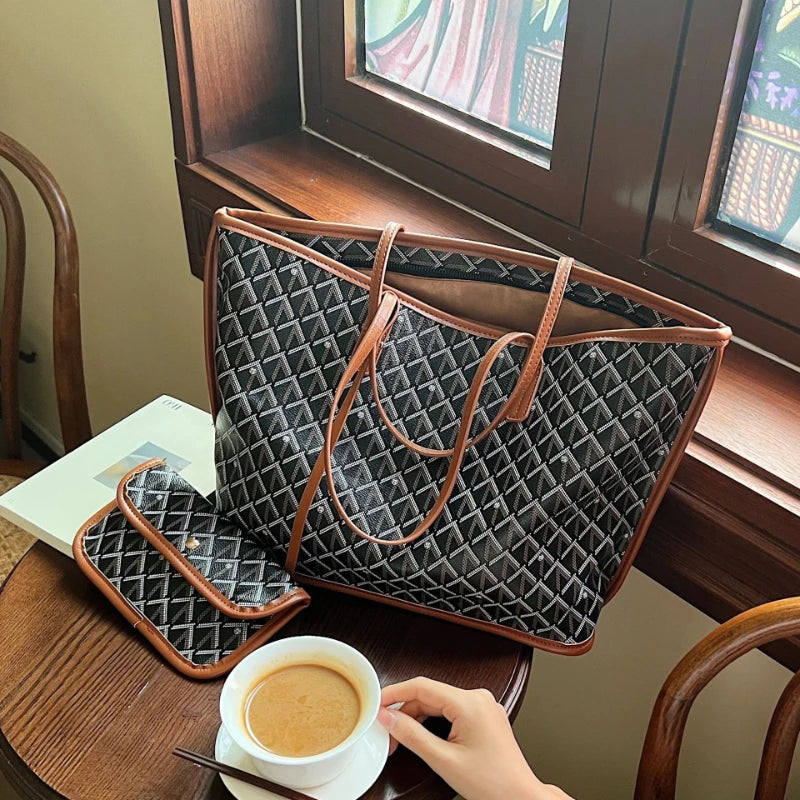 Embroidered Geometric PU Tote Shoulder Bag – Versatile Large Capacity Shopping Class Bag for Women