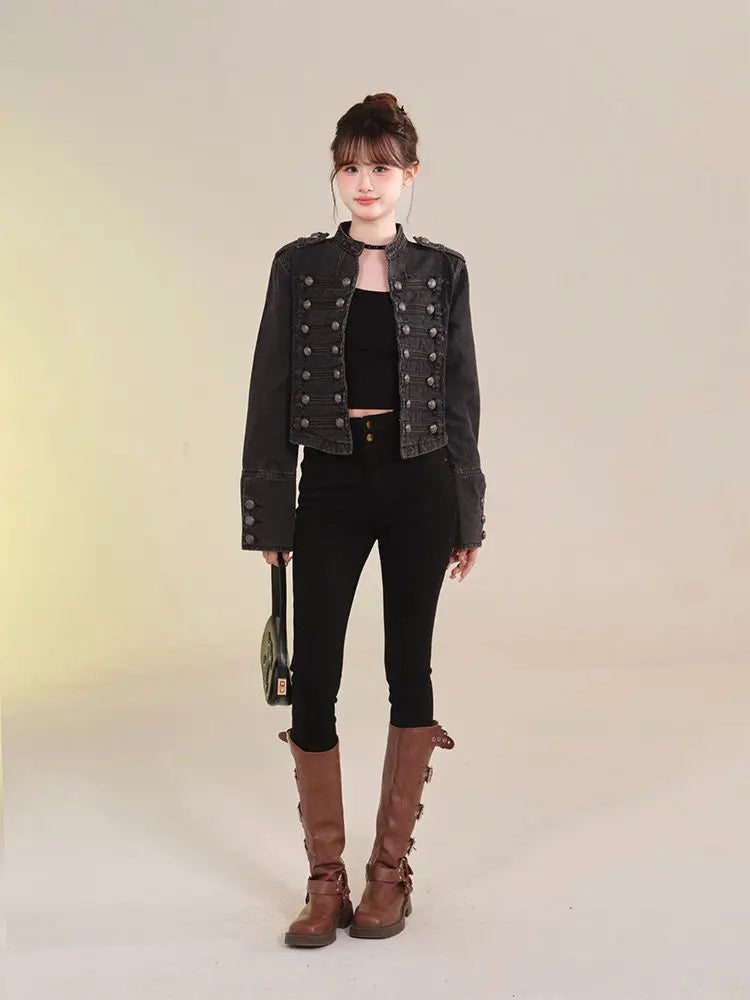 Women's Retro Button Slim Stand Collar Denim Jacket – Short Jean Coat in Black