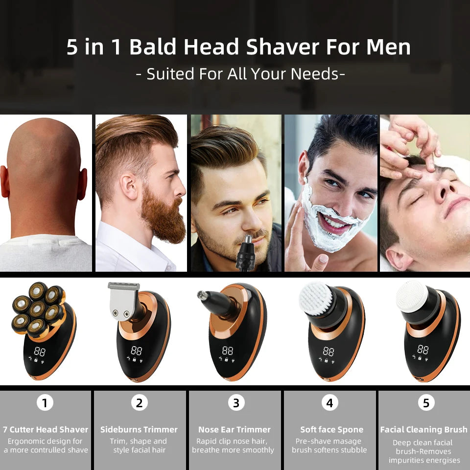 7D Floating Head Electric Shaver for Men – Wet/Dry Rotary Razor with LCD Display & Bald Head Trimmer