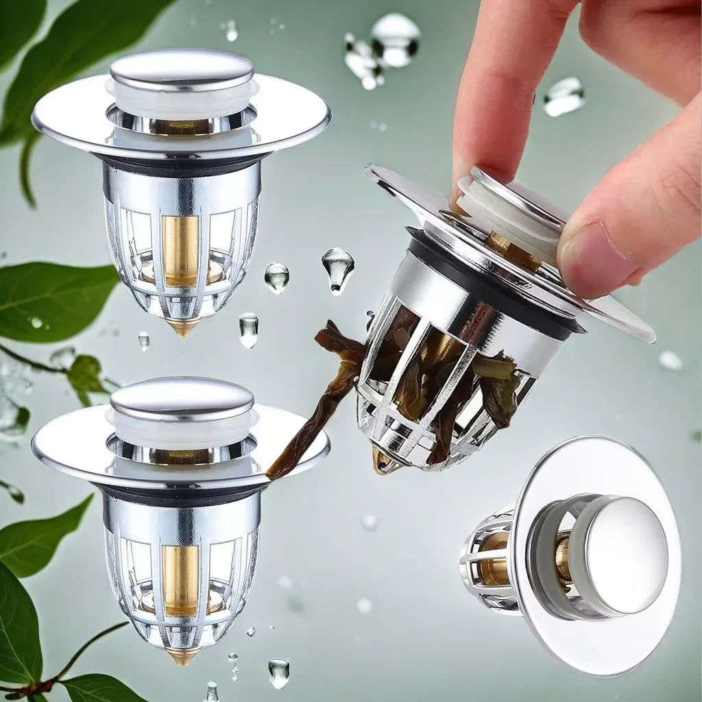 No More Clogged Drains — Pop-Up Chrome Sink Drain Stopper | Universal Rebound Filter with Hair Catcher, Easy Push Type