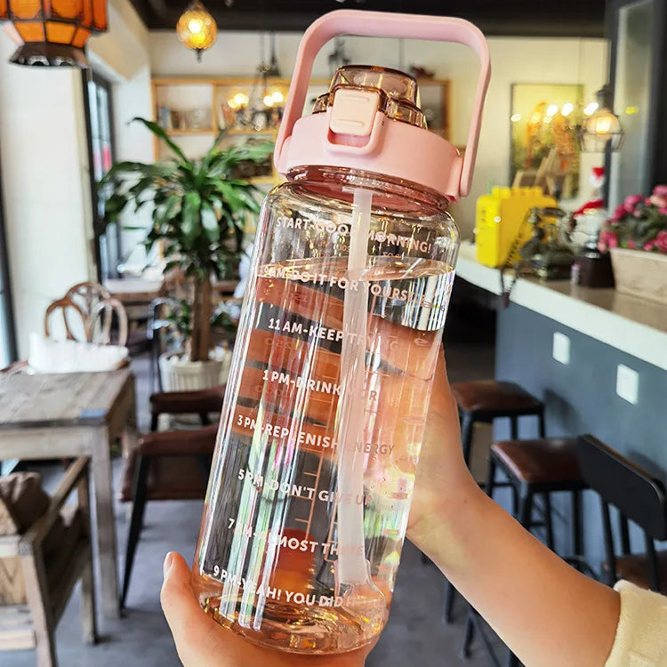 2-Liter Motivational Sports Water Bottle with Straw & Time Markers – BPA-Free PC, Wide Mouth, One-Click Lid, CE Certified