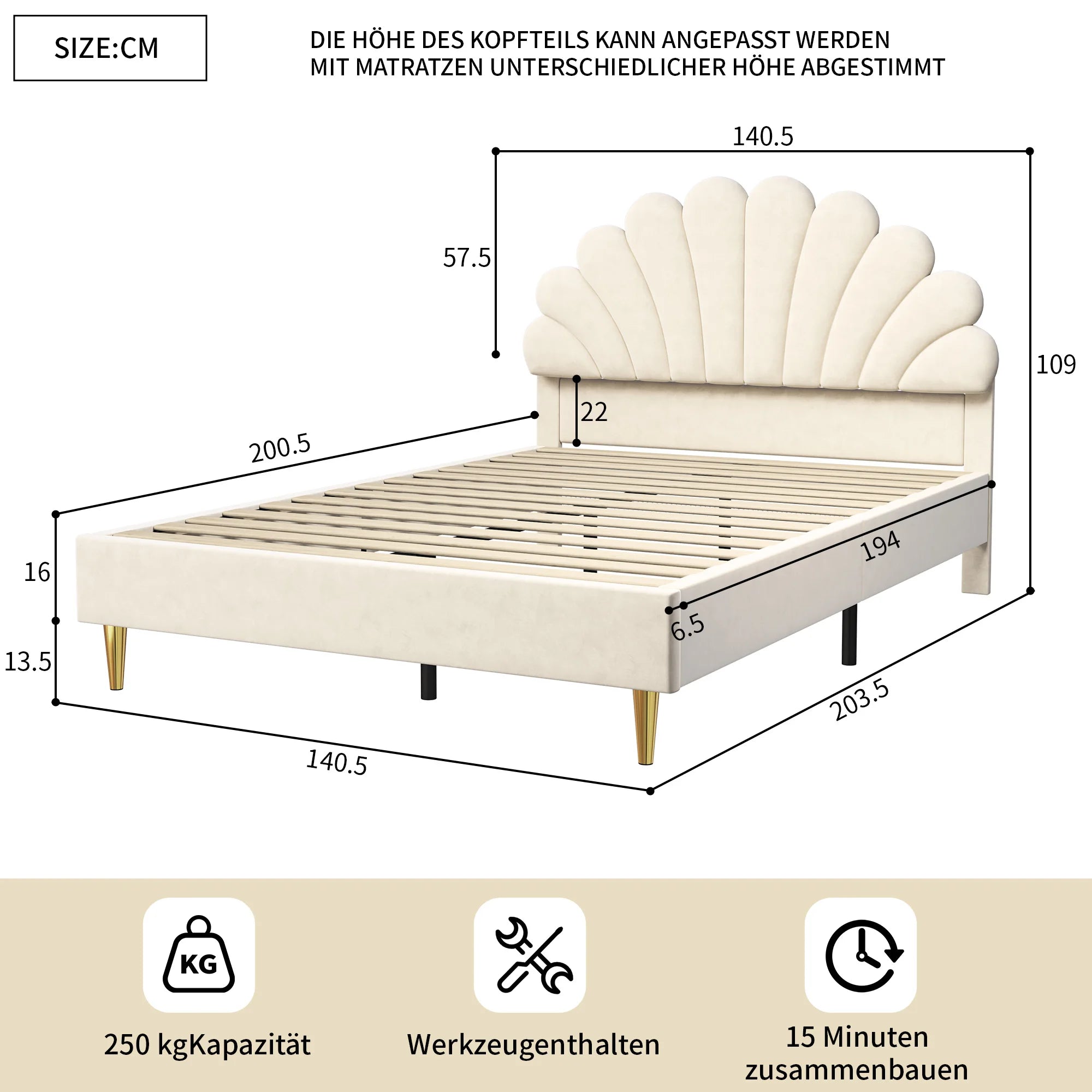 Elegant Upholstered Double Bed Frame – Flower-Shaped Headboard, Velvet Cover, 140x200cm, No Mattress