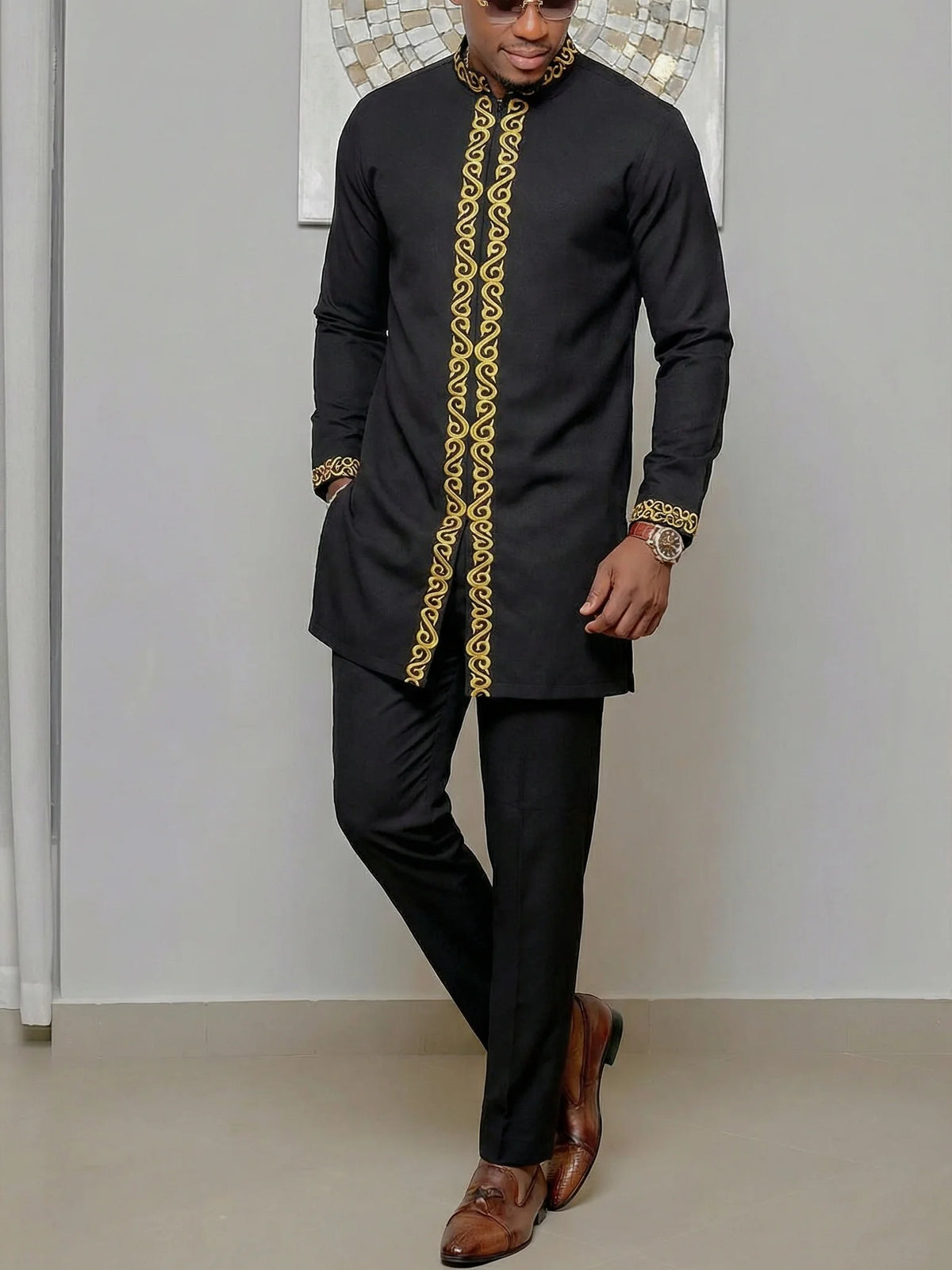 Men's African Kaunda Kaftan Long Sleeve Top & Pants 2-Piece Suit – Traditional Ethnic Wear