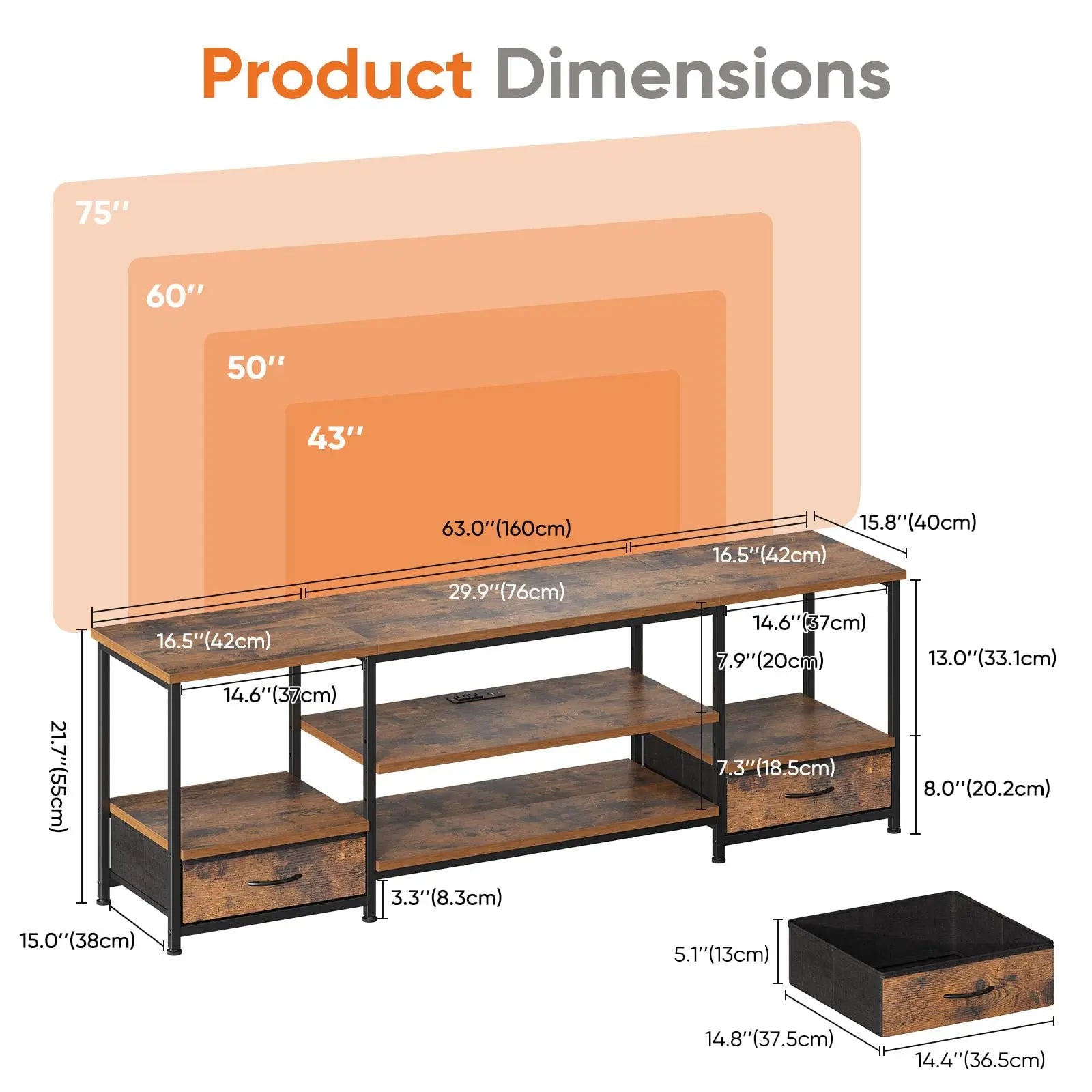 Wooden TV Stand for 70"/75" TVs — Media Console with Charging Station, Drawers & Shelves