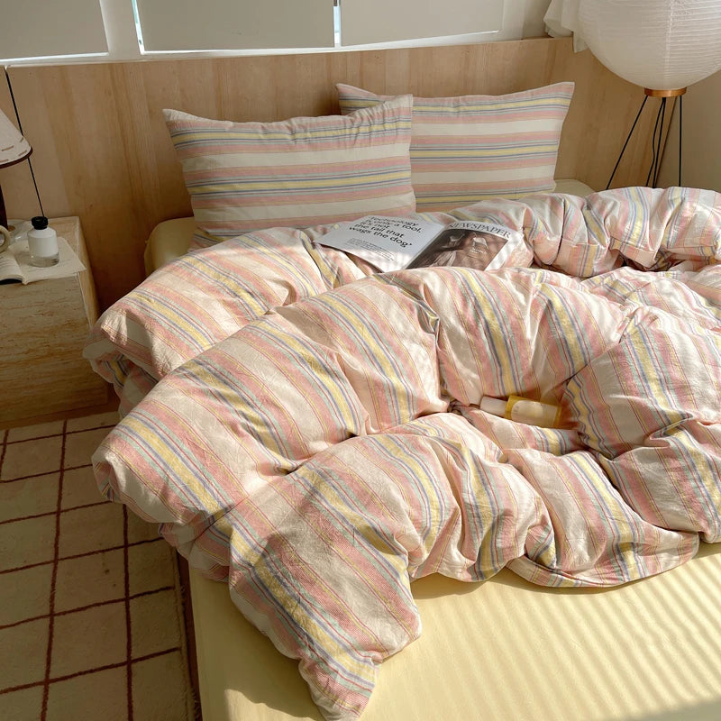 100% Cotton Stripe Bedding Set – Duvet Cover with Pillowcases, Twin to King