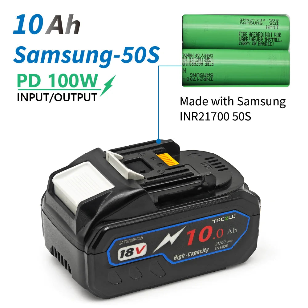 TPCELL PD100W Makita 18V Replacement Battery – 8Ah/10Ah Li-ion with USB-C Connector & 21700 Tabless Cells