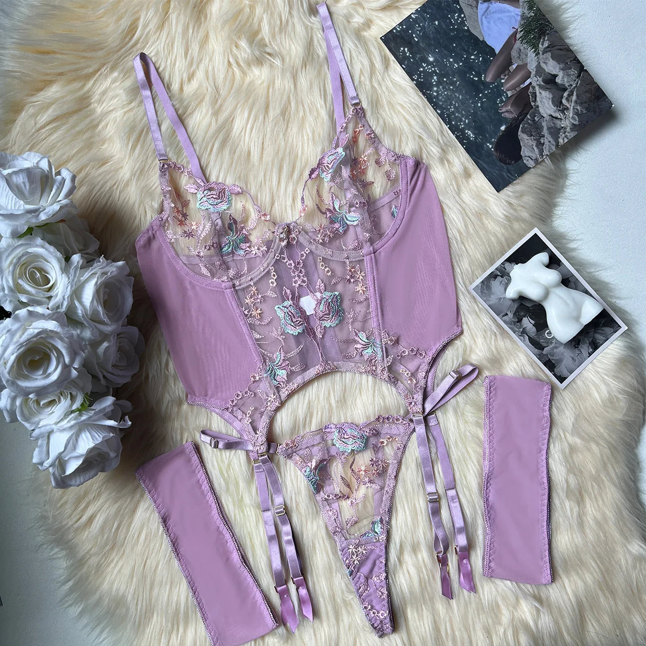 Sheer Embroidery Bra & Brief Set — Transparent Lace Underwear Suit