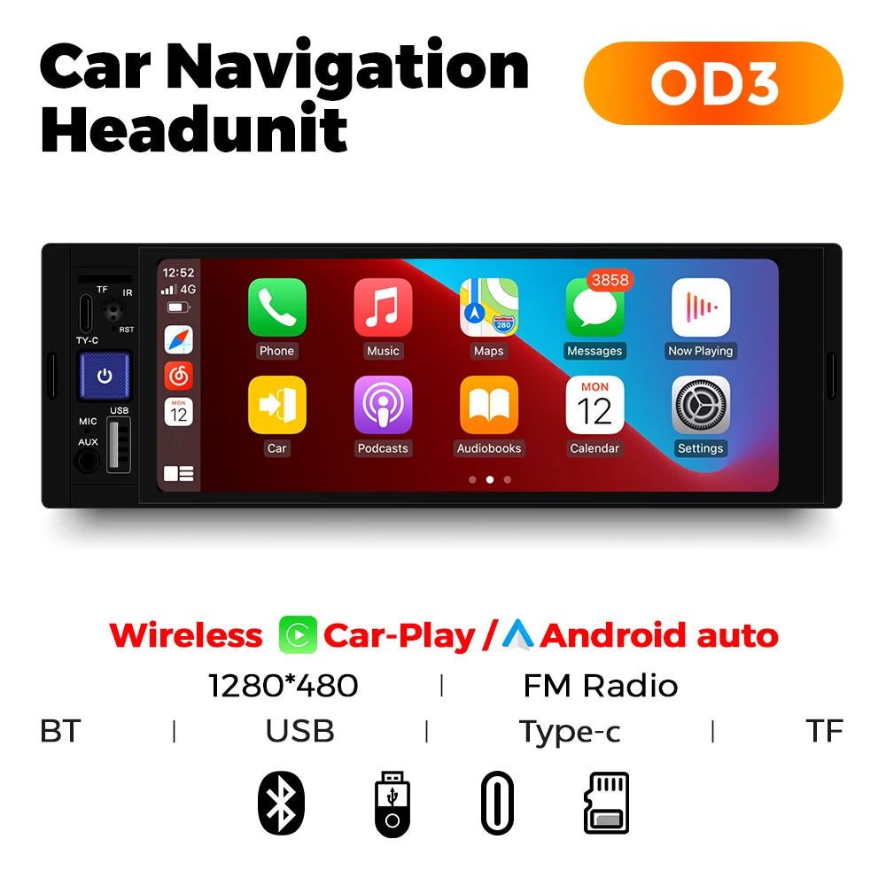 1-DIN 6.86" Car Radio MP5 Player – Wireless CarPlay & Android Auto, FM, Bluetooth, TF, AUX | Universal Fit