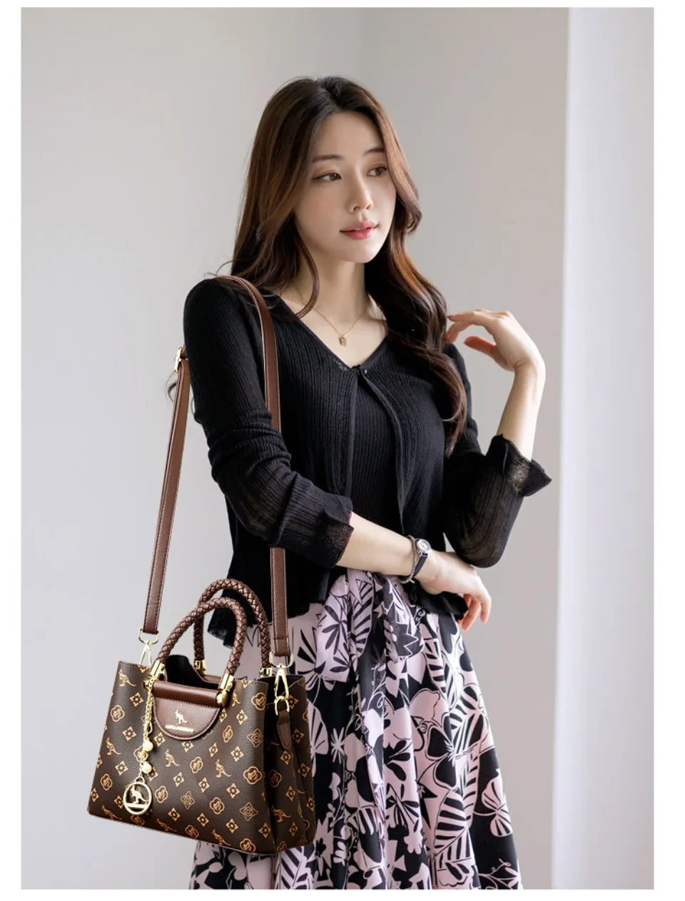 VANDERWAH Woven Handle Alligator Microfiber Leather Tote – Luxury Designer Shoulder Handbag for Women