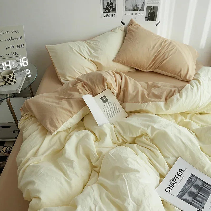 Solid Color Washed Cotton Bedding Set – 4-Piece Duvet Cover, Bed Sheet & Pillowcases, Twin to King