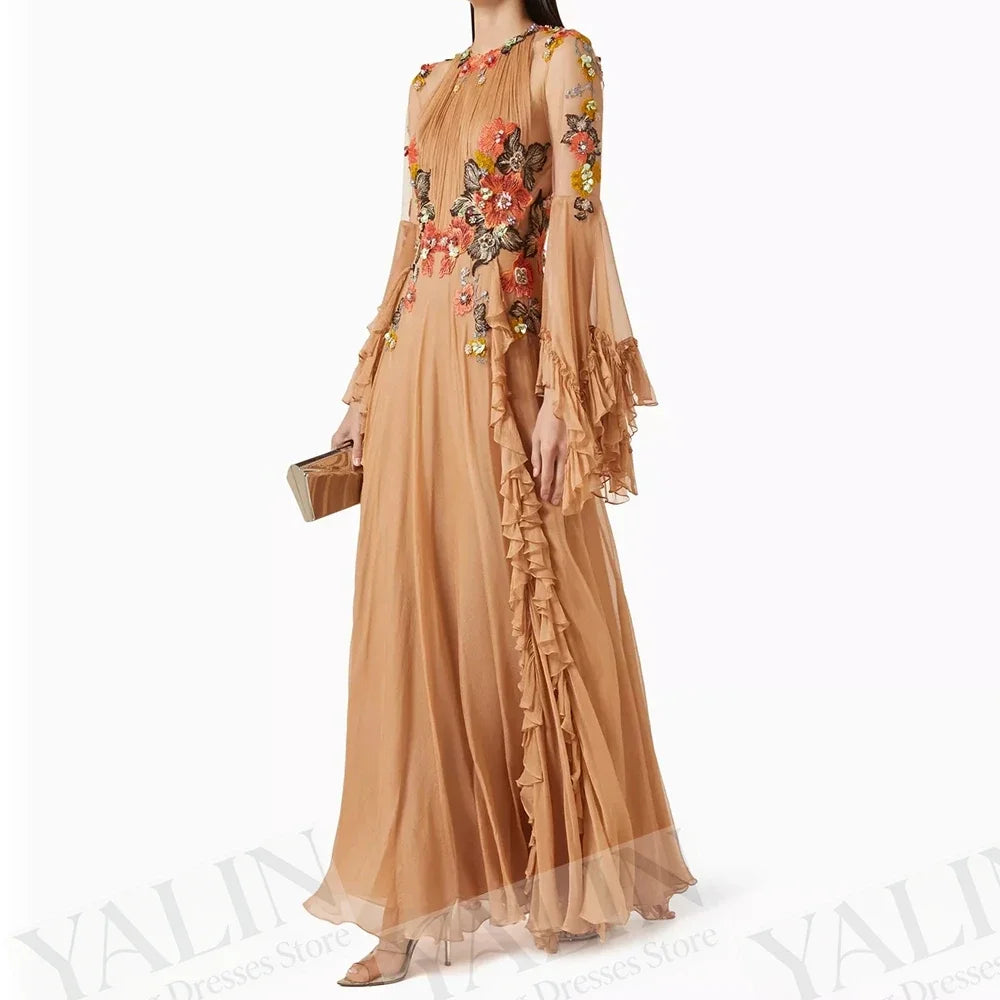 O-Neck Full Sleeve Flower Ruched Prom Gown — A-Line Floor-Length Formal Dress Customized