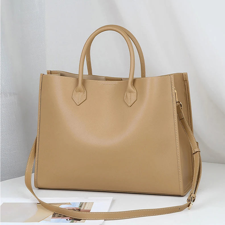 Luxury Cowhide Leather Tote Bag – Large Capacity Shoulder Bag with Laptop Compartment for Women