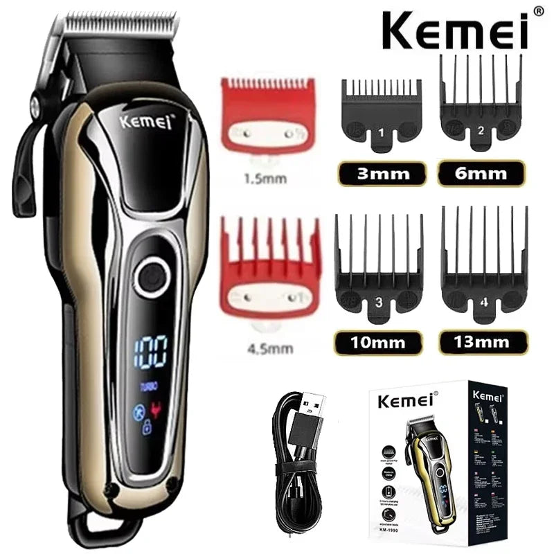 Kemei KM-1990 Professional Hair Clipper – LCD Display, 120-Min Battery, Almighty Grooming Set