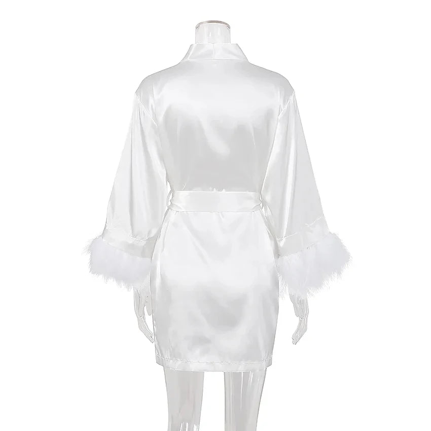 White Feather & Fur Trim Satin Robe | Bridal Nightgown Bathrobe for Women
