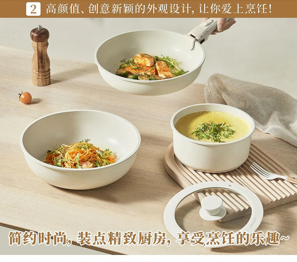 Nonstick Cookware Set – White, Detachable Handle