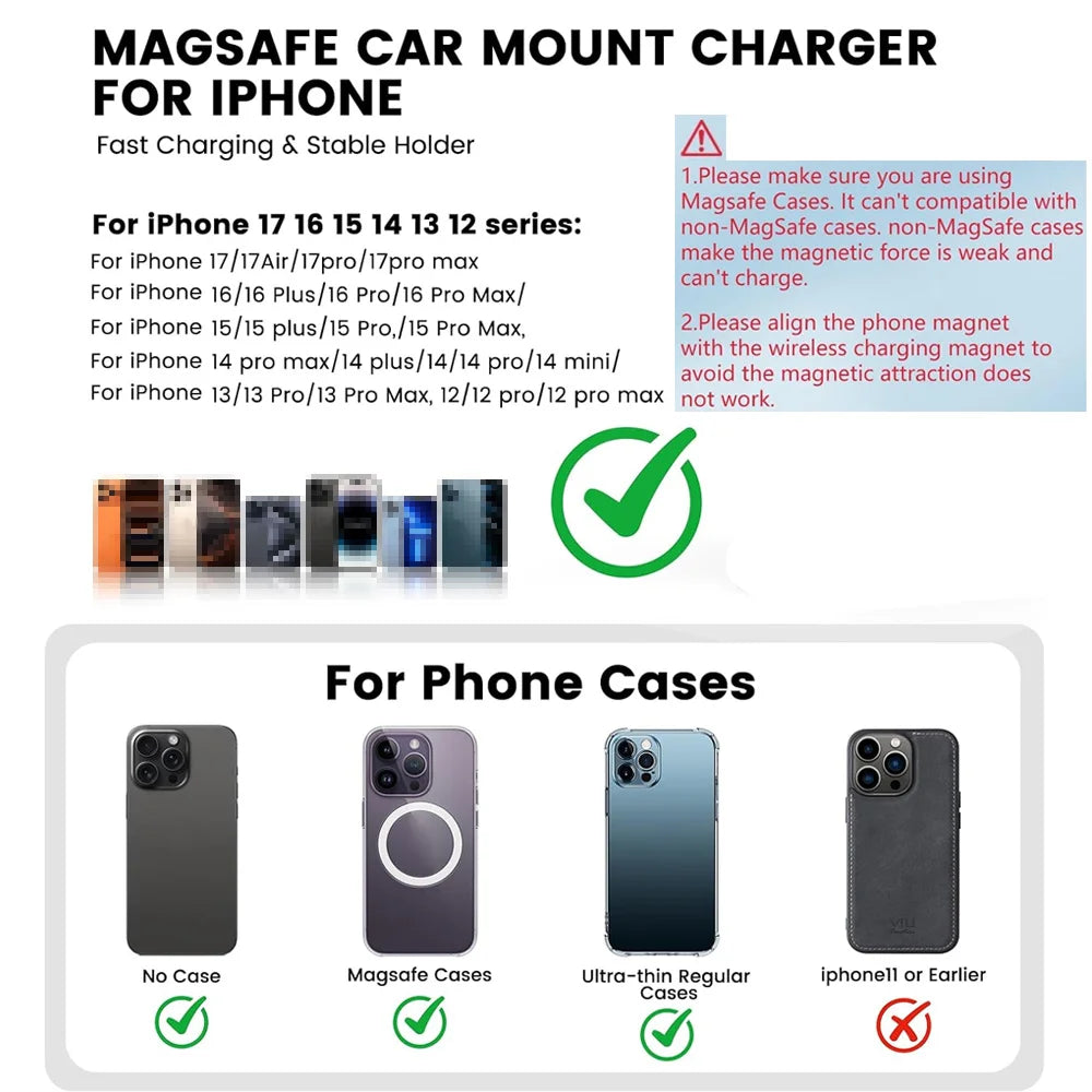 30W Magnetic Car Wireless Charger with LED Light – Phone Mount for iPhone 12–17 Pro Max