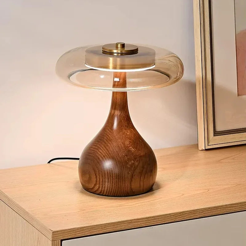 Retro Glass Table Lamp – Sculpted Wood-Look Base