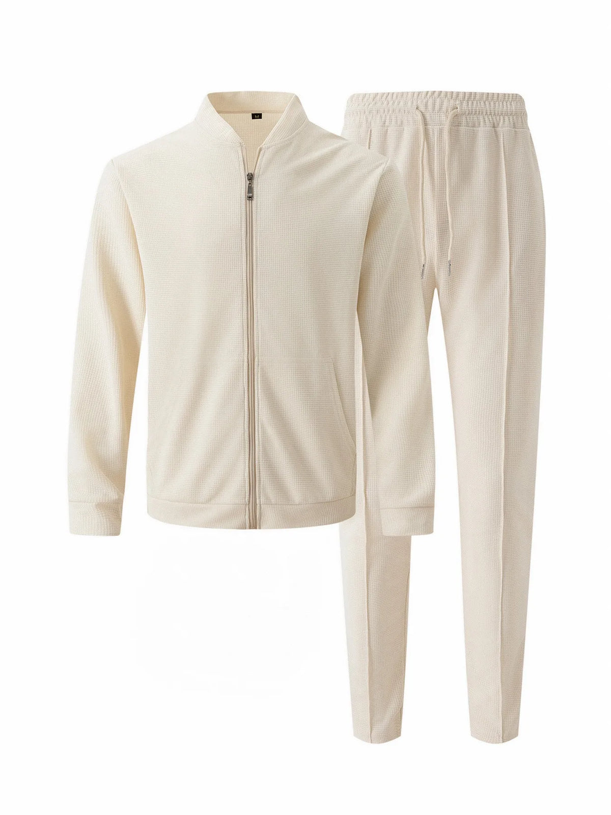 Men's Solid Color Waffle Knit Baseball Tracksuit – Stand Collar Zip Jacket & Drawstring Pants