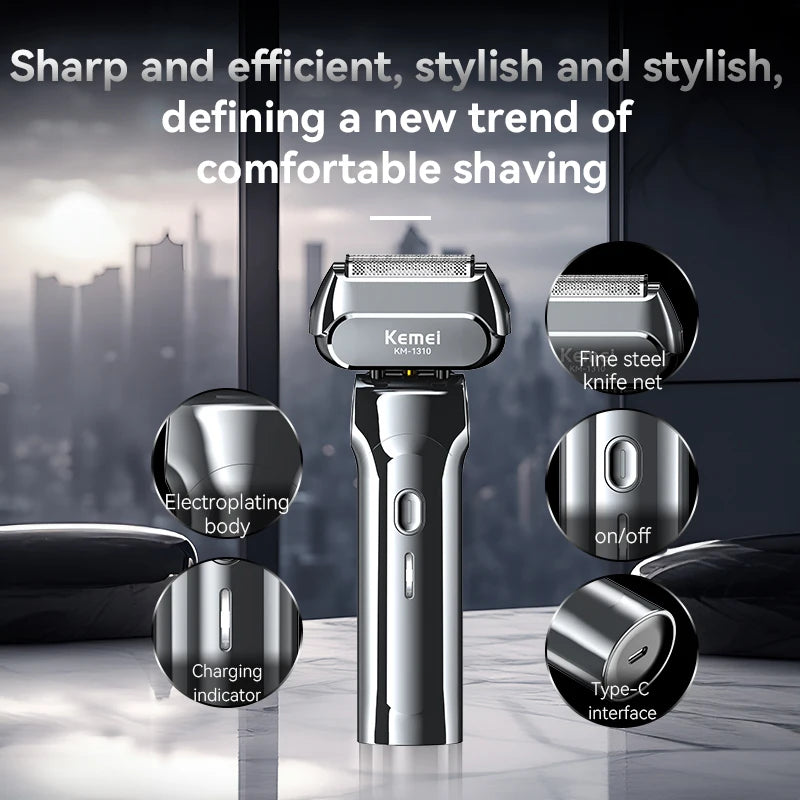 Kemei KM-1310 Rechargeable Men's Electric Shaver – 4-Blade Reciprocating, Wet/Dry, 100-Min Battery