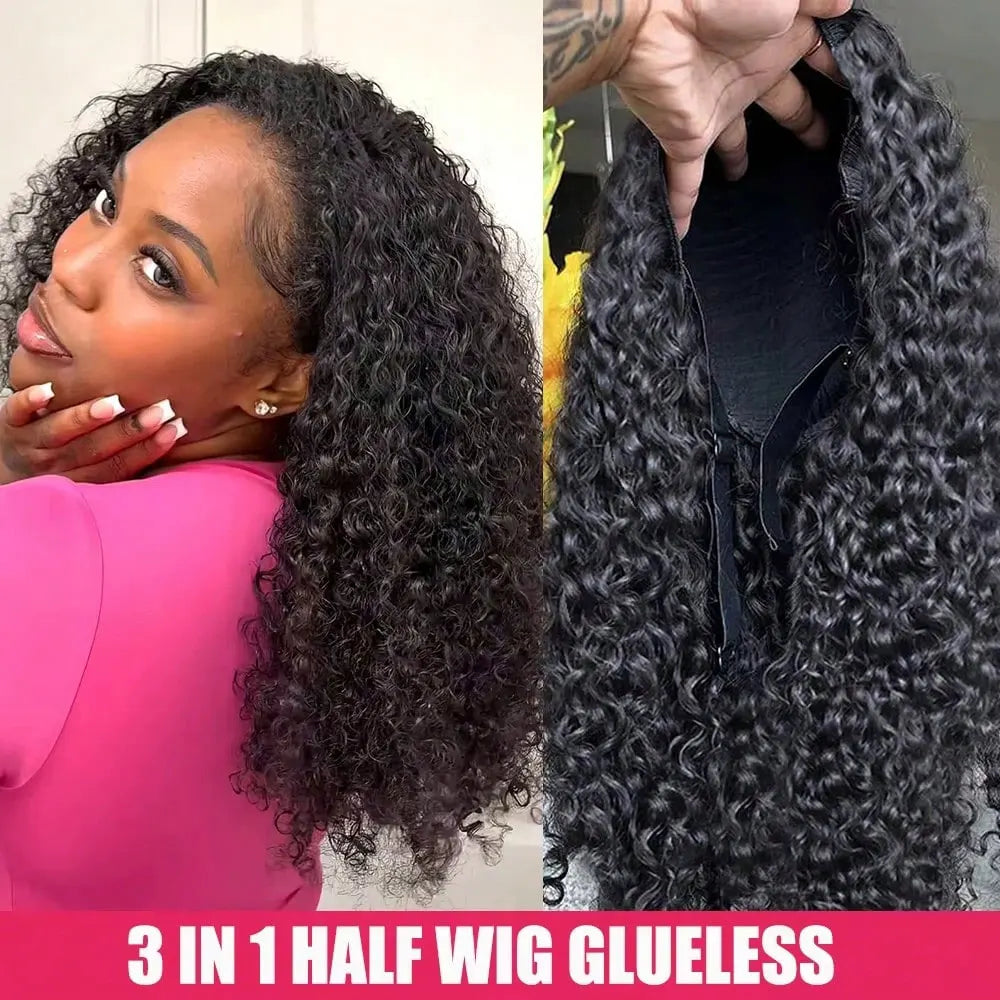 Jerry Curly 3-in-1 Half Wig | Seamless Kinky Curly Headband Clip-In Glueless Human Hair Natural Black