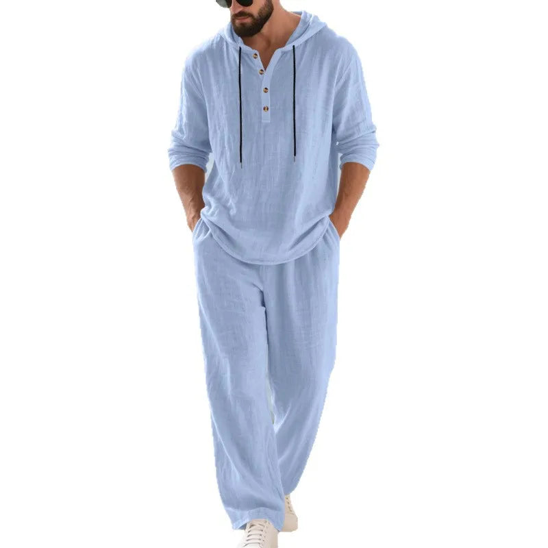 Men's Linen Casual Loose Hooded Henley Shirt & Long Pants Set – Relaxed Autumn 2-Piece Suit