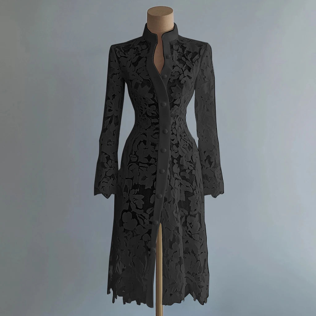 Women's Lace Dress for Women Fall Stand Collar Single Breasted Long Sleeve Coat Midi Dress See Through Elegant Sweet Dresses