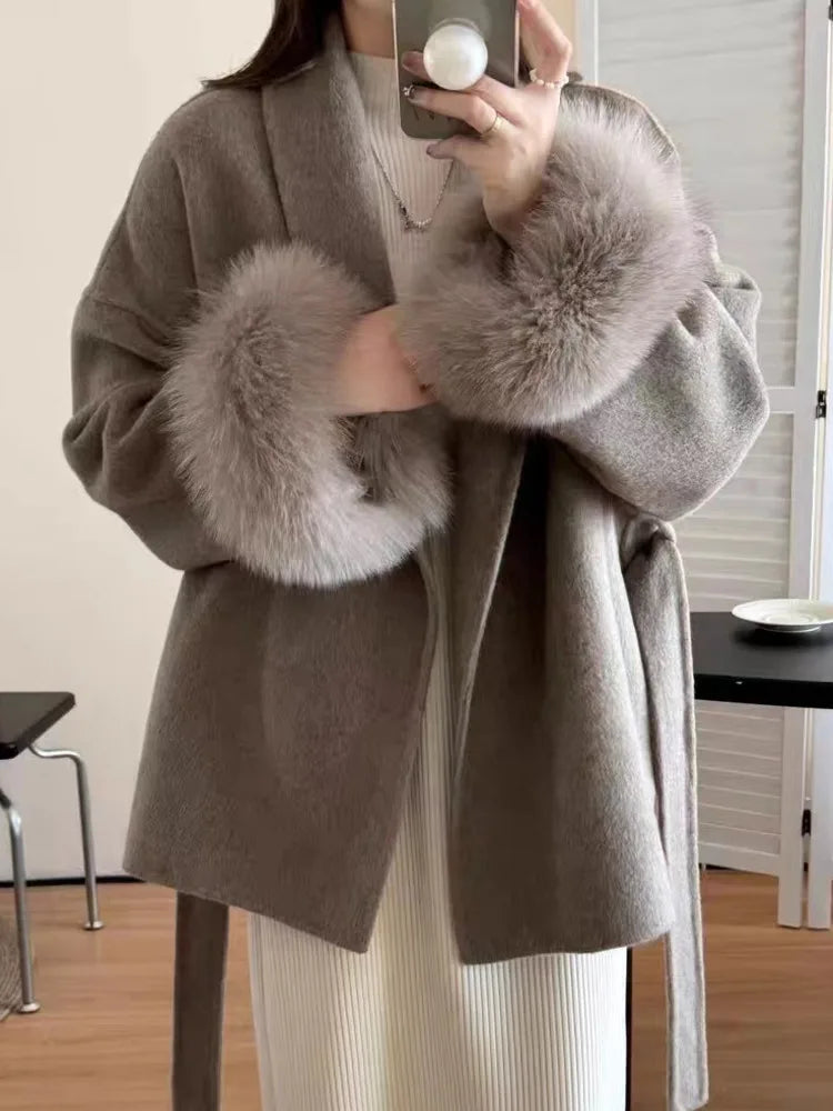 Women's Short Lace-Up Cashmere Wool Coat – Slim Lapel Autumn Winter Outerwear