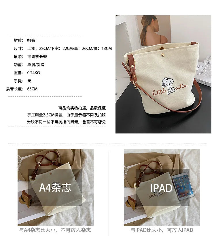 Snoopy Canvas Bucket Bag – Cute Letter Print Crossbody Shoulder Bag for Women