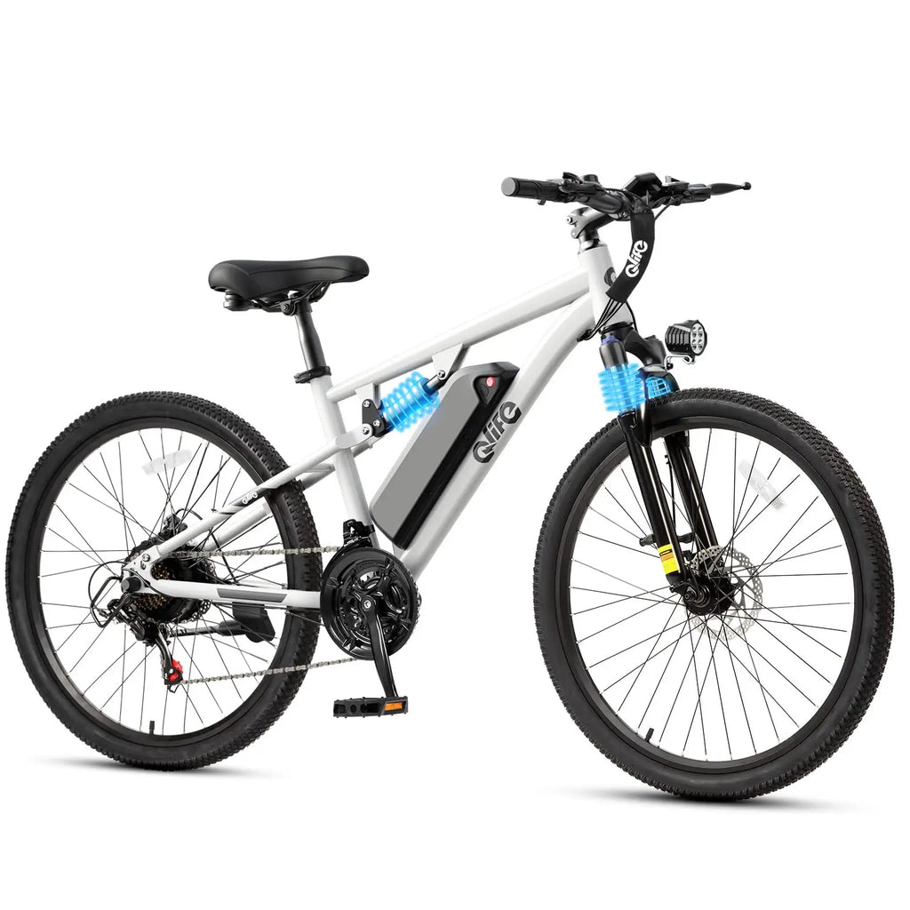 A white and black electric mountain bike with a gray battery pack and blue accents, shown from a side profile on a white background.