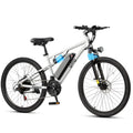 A white and black electric mountain bike with a gray battery pack and blue accents, shown from a side profile on a white background.