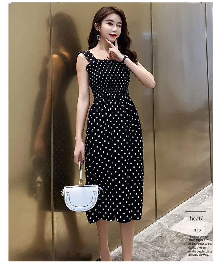 Polka Dot Square Neck Chiffon Maxi Dress — Sleeveless Elegant Long Dress