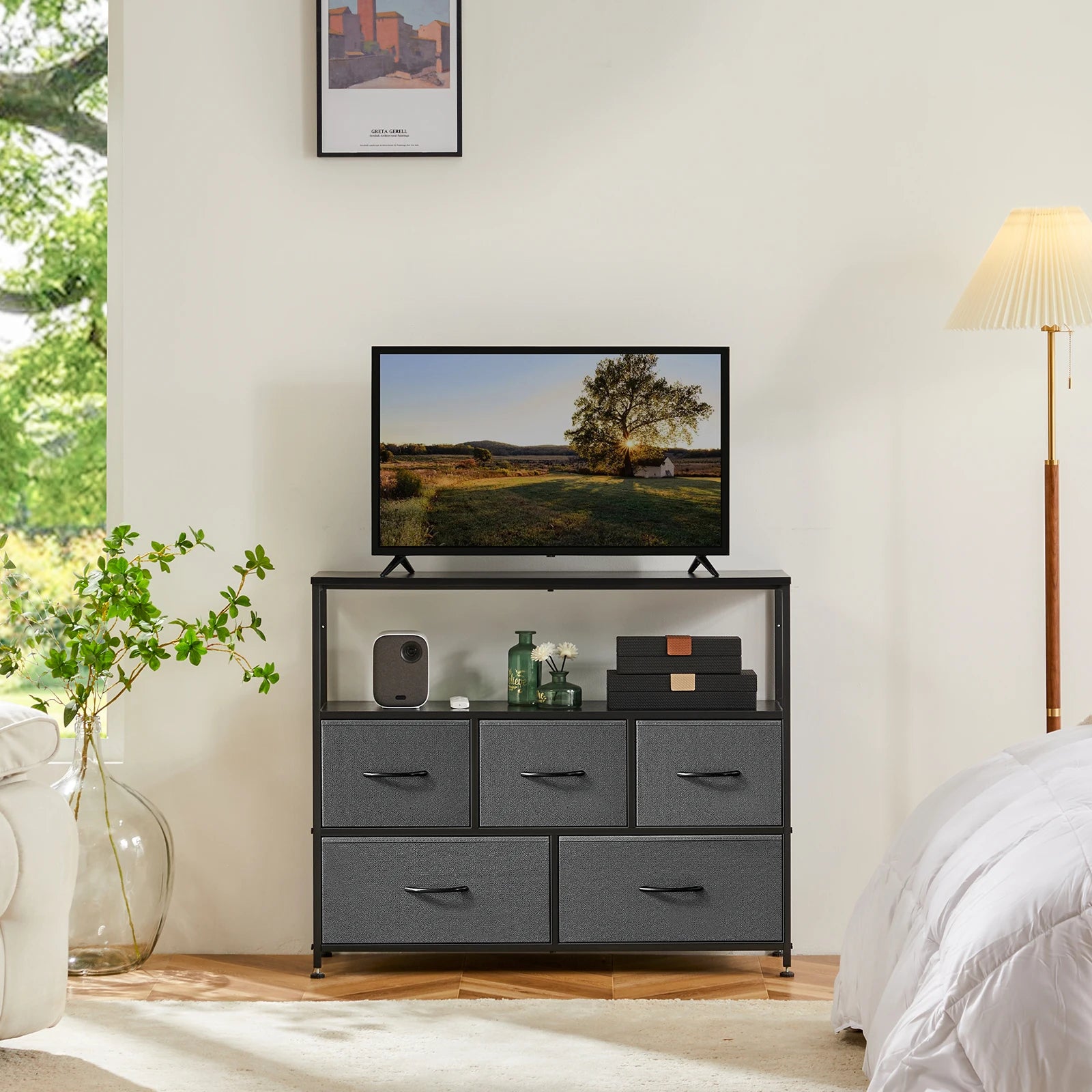 Fireplace TV Stand Dresser with 5 Fabric Drawers — Bedroom Storage Cabinet for 45" TVs