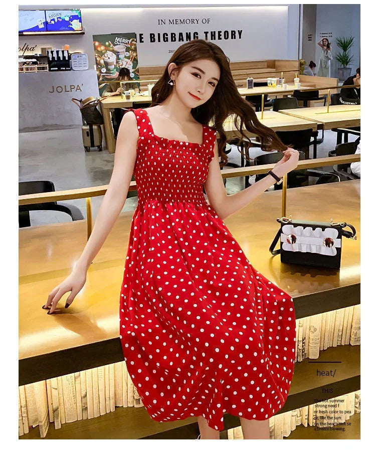 Polka Dot Square Neck Chiffon Maxi Dress — Sleeveless Elegant Long Dress