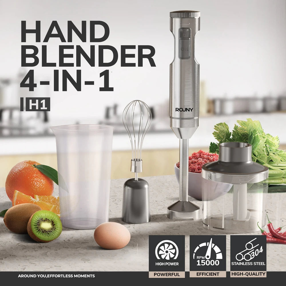 4-in-1 Hand Immersion Blender – Stainless Steel Stick Mixer, 700ml Beaker, 500ml Processor & Whisk
