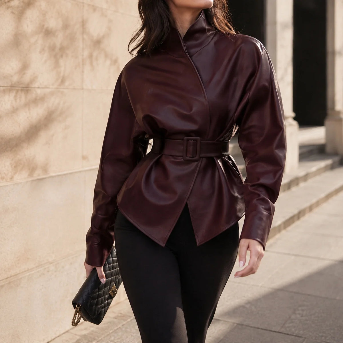 Women's Belted Faux Leather Jacket – Wine Red
