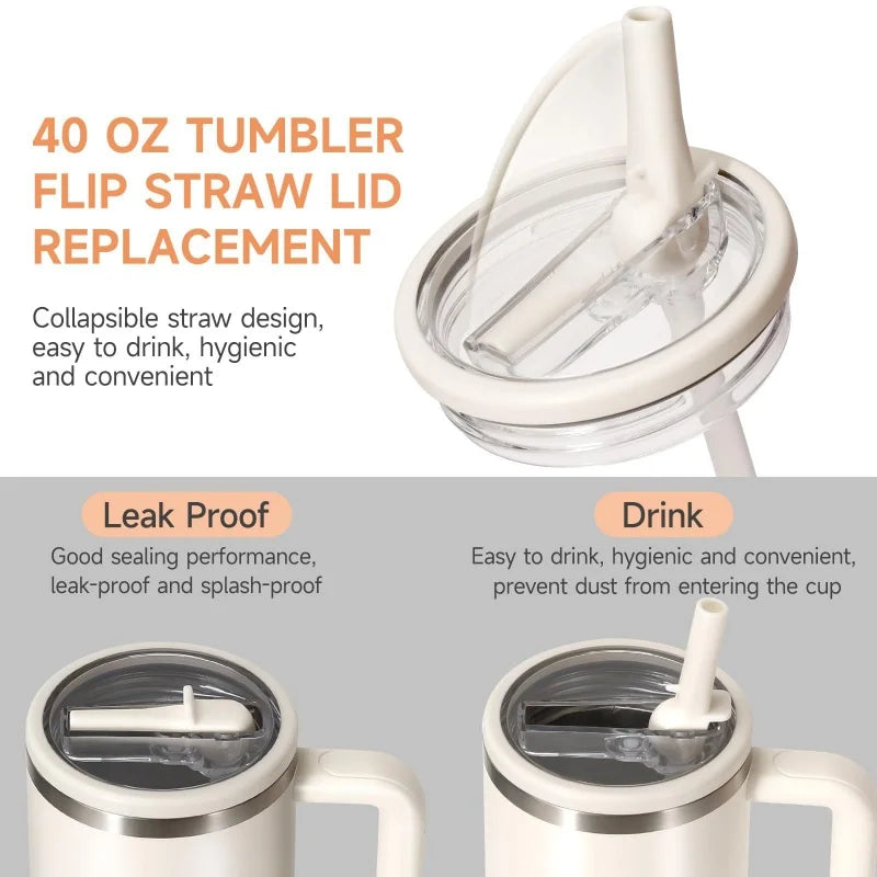 40oz Flip Straw Replacement Lid for Stanley 2.0 Tumbler – Leak-Proof Lid with Straw & Cleaning Brush