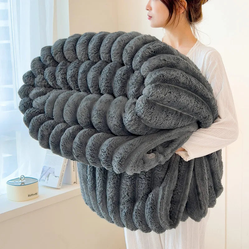 Striped Plush Blanket – Soft Faux Rabbit Fur Throw