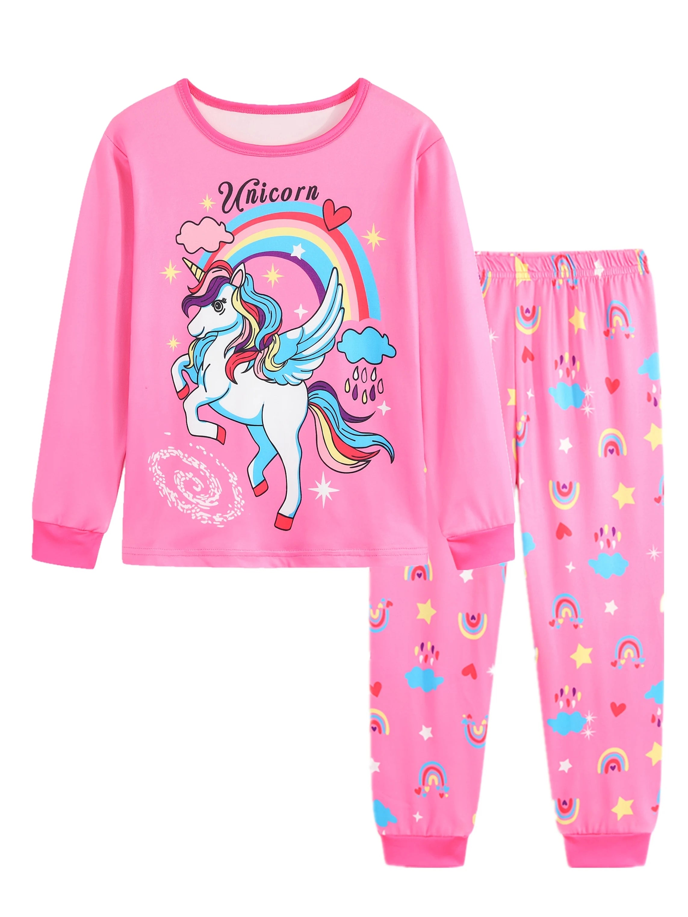 Girls' Unicorn Cartoon Long Sleeve Pajamas | 2-Piece Kids Sleepwear Set