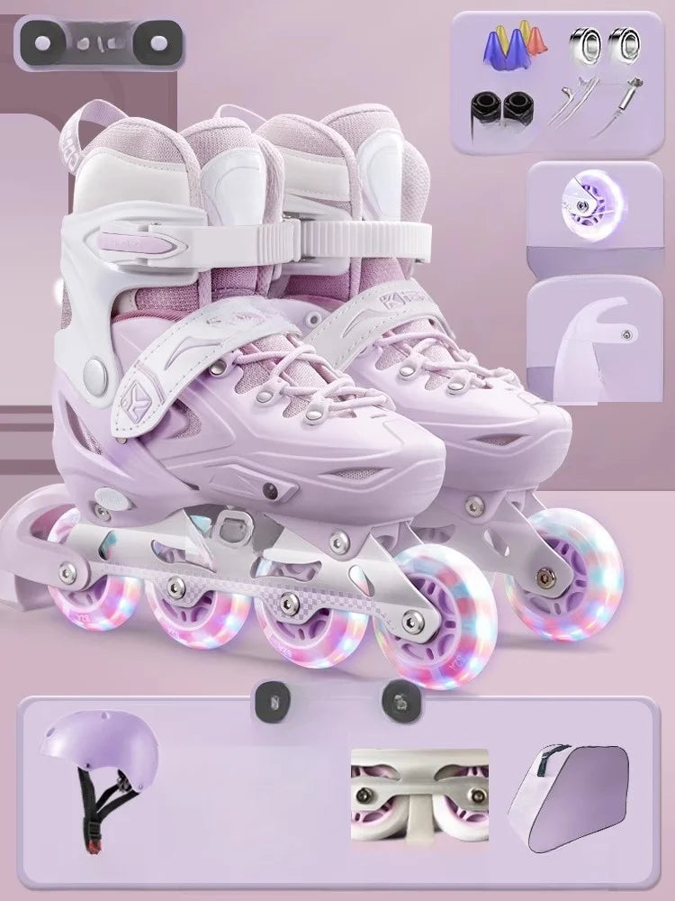 Inline Roller Skate Shoes with Helmet & Pads Set – Flashing 4-Wheel Beginner Adult Unisex Outdoor Skating