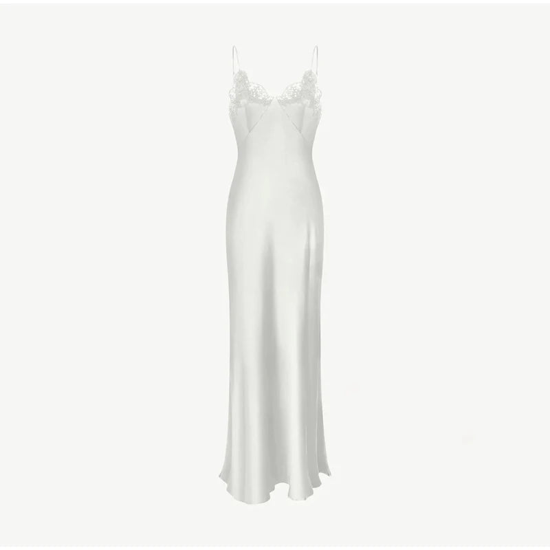 Lace Patchwork Satin Maxi Gown — V-Neck Sleeveless Backless Evening Dress