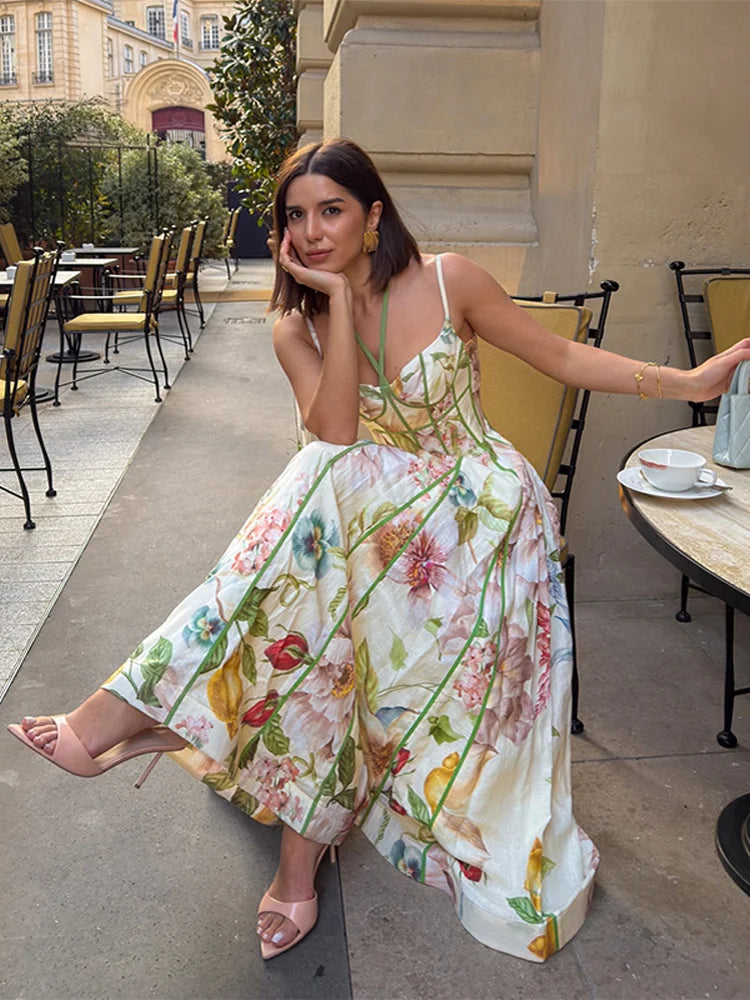 Polka Dot Puff Sleeve Crop Top & Maxi Skirt Set — Square Neck Tie-Front Vacation Outfit