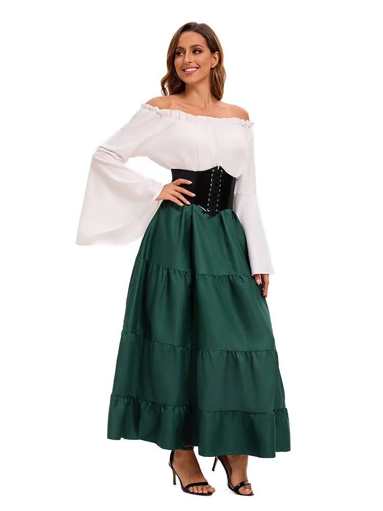 Medieval Renaissance Costume Dress — Off-Shoulder Victorian Queen Outfit with Waist Corset