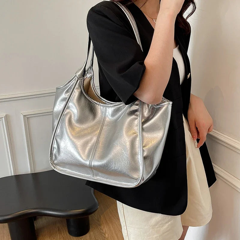 Silver TPU Large Capacity Tote Bag – Luxury Business Shoulder Handbag for Women