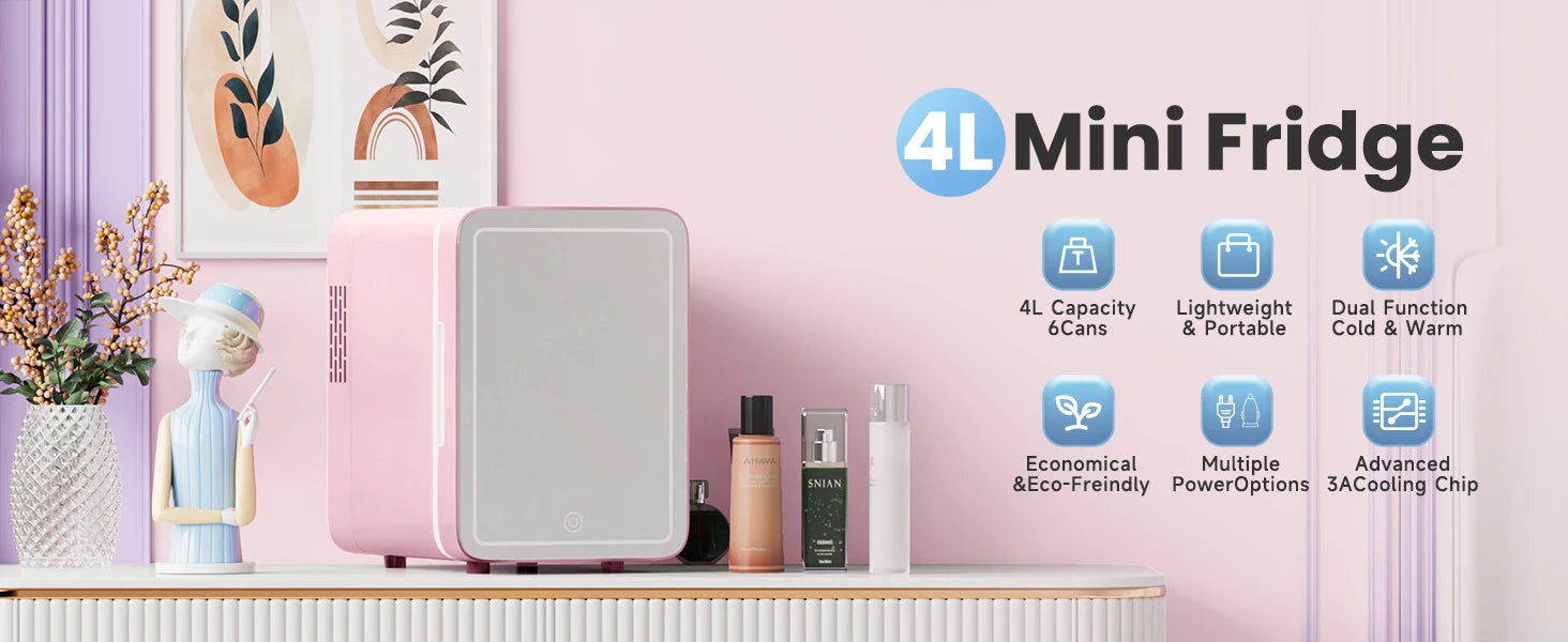 Skincare Fridge with Dimmable LED Light Mirror — 4L Makeup Mini Fridge for Bedroom & Car