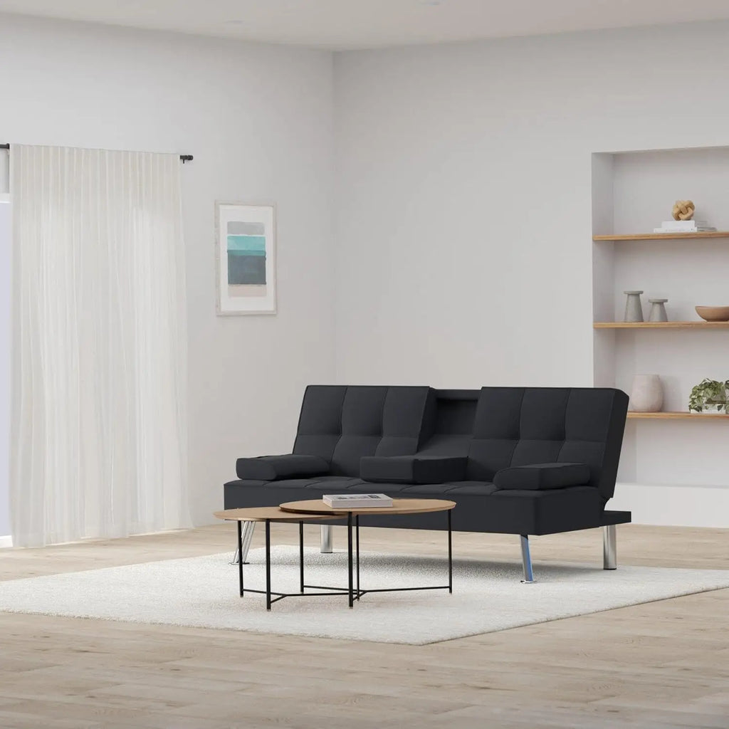 Sit, Recline, Sleep — Modern Linen Folding Futon Sofa Bed | 3 Positions, 2 Cupholders, Removable Armrests, 500 lb Capacity