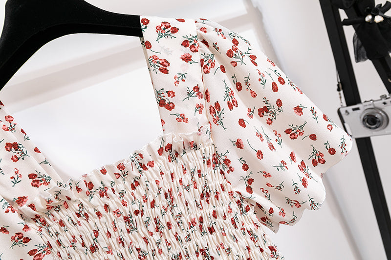 Women's Chiffon Floral Pleated Midi Dress – Short Sleeve Elastic Waist Backless Casual Dress