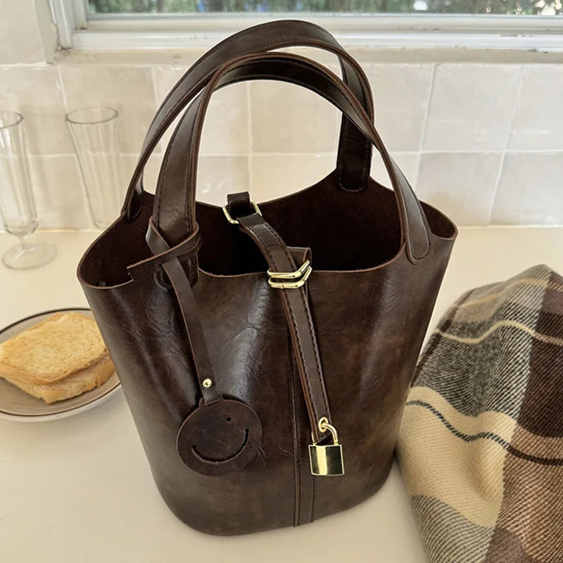 PU Leather Lock Bucket Crossbody Shoulder Bag – Fashion Designer Tote Handbag for Women